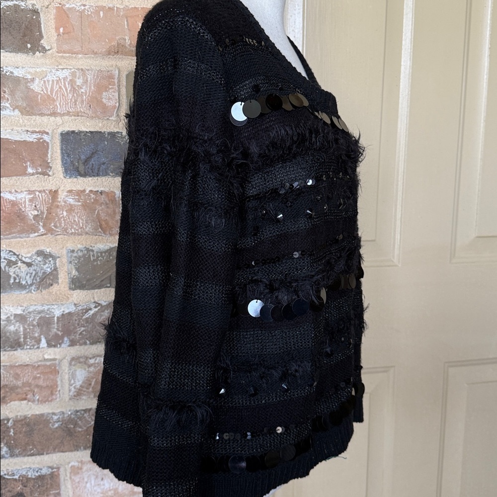 Ruby Rd Black Sequin & Bead Mixed Texture Cardigan Sweater Fuzzy Stripe Sz LG - Picture 3 of 12